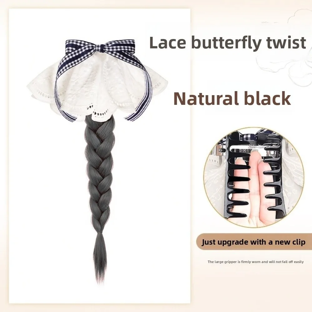 

New Synthetic Hair Claw Clip Ponytail Bowknot Lace Ribbon Wig Hair Clip Black Fluffy Hairpiece Women