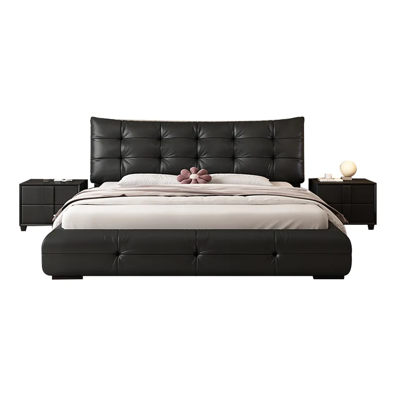 

Italian minimalist large black bear leather bed modern double