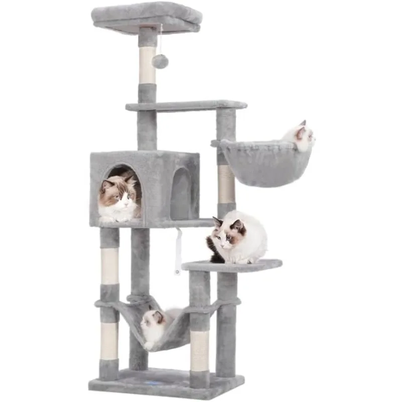 Cat Tree with Large Hammock, Multi-Level Cat Tower for Indoor Cats, Cat Condo with Sisal-Covered Scratching Posts and Top Perch