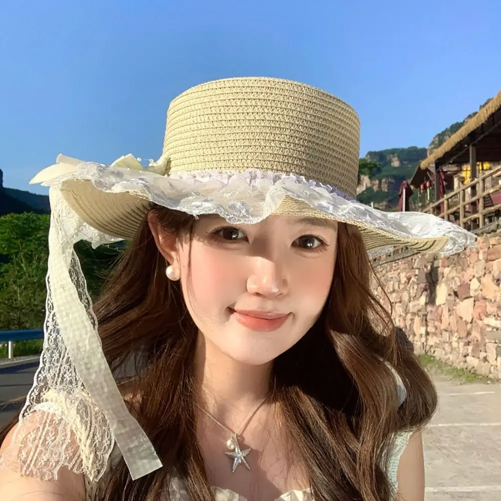Trendy Big Bowknot Sun Hat Flower Lace Ribbon Straw Hat Breathable Large Brim Wide Brim Hat Or Women