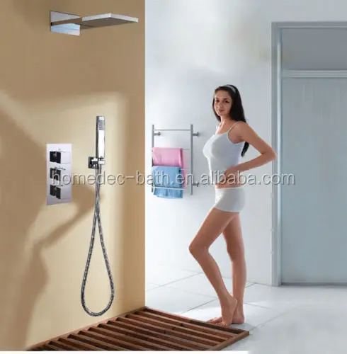

Triple Valve Thermostatic Shower System Dual Function Waterfall Rainfall Shower Head Polished Chrome For Apartment Hotel Use