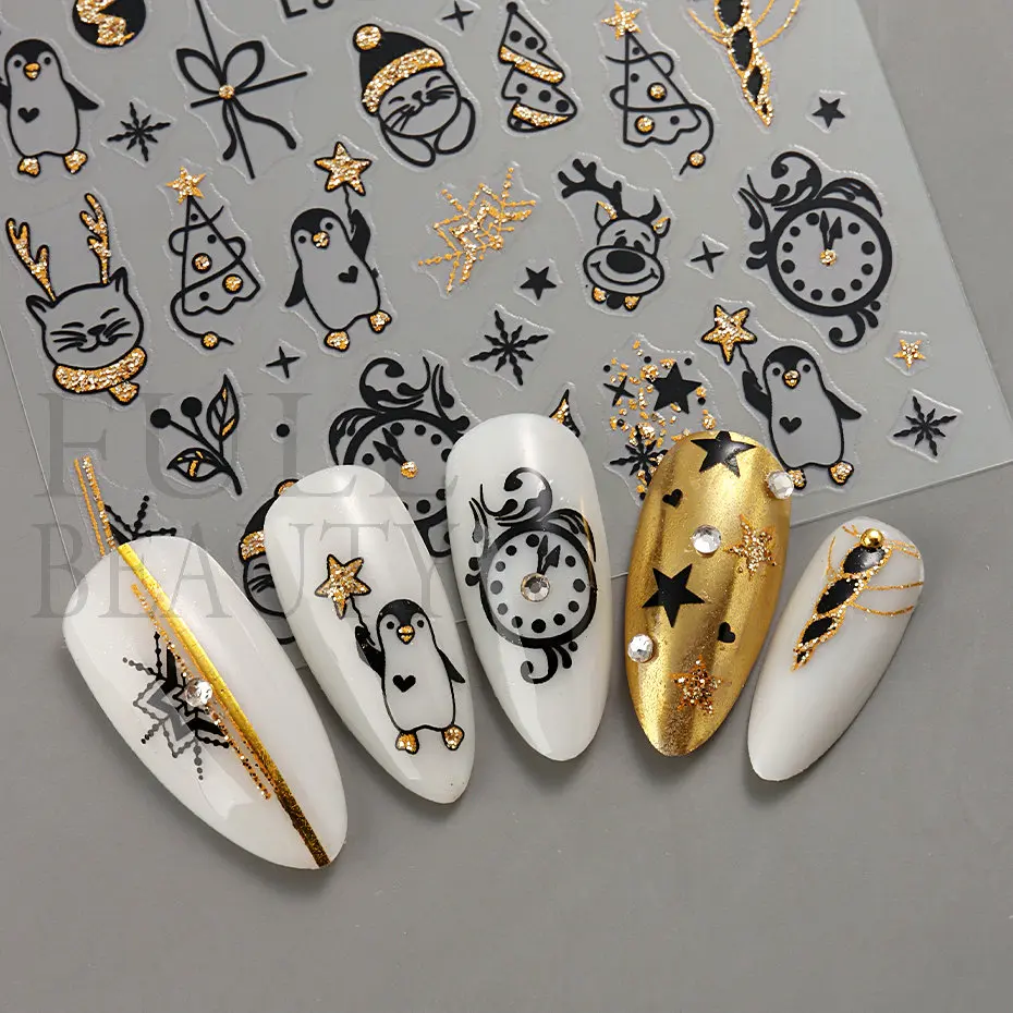 New Year 2023 Clock Nails Sticker Gold Shiny Glitter Luxurious Watch Countdown Festive Winter Festival Manicure Decal Tip LS-J44