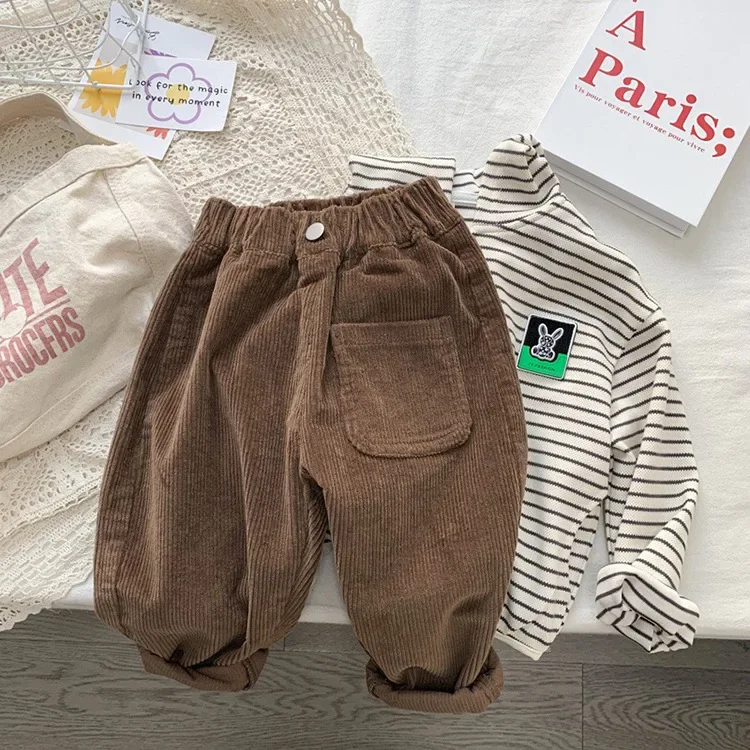 2026 Frühling Herbst Kinderhosen 2-7T Einfacher Stil Jungen und Mädchen Lose Cordhosen Babykleidung Kinderhosen Outdoor-Bekleidung – Detail 10
