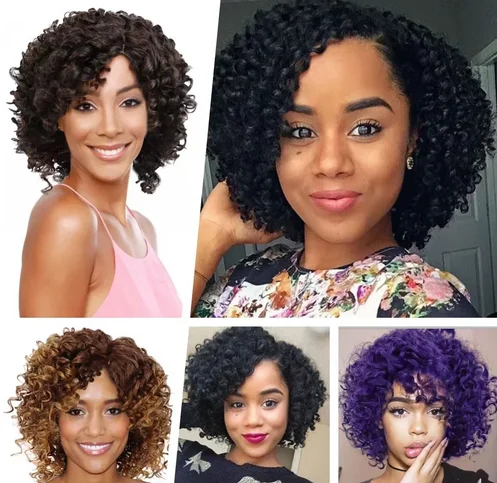 สั้นAfro Kinky Curlyวิกผมสังเคราะห์Ombreสีน้ําตาลสีบลอนด์Wigsสําหรับผู้หญิงด้านข้างBobวิกผมความร้อนทนผมธรรมชาติ