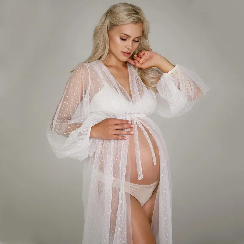 White Dot Tulle Maternity Photography Props Dress See Through Maternity Photo Shoot Tulle Long Dress Lantern Sleeve