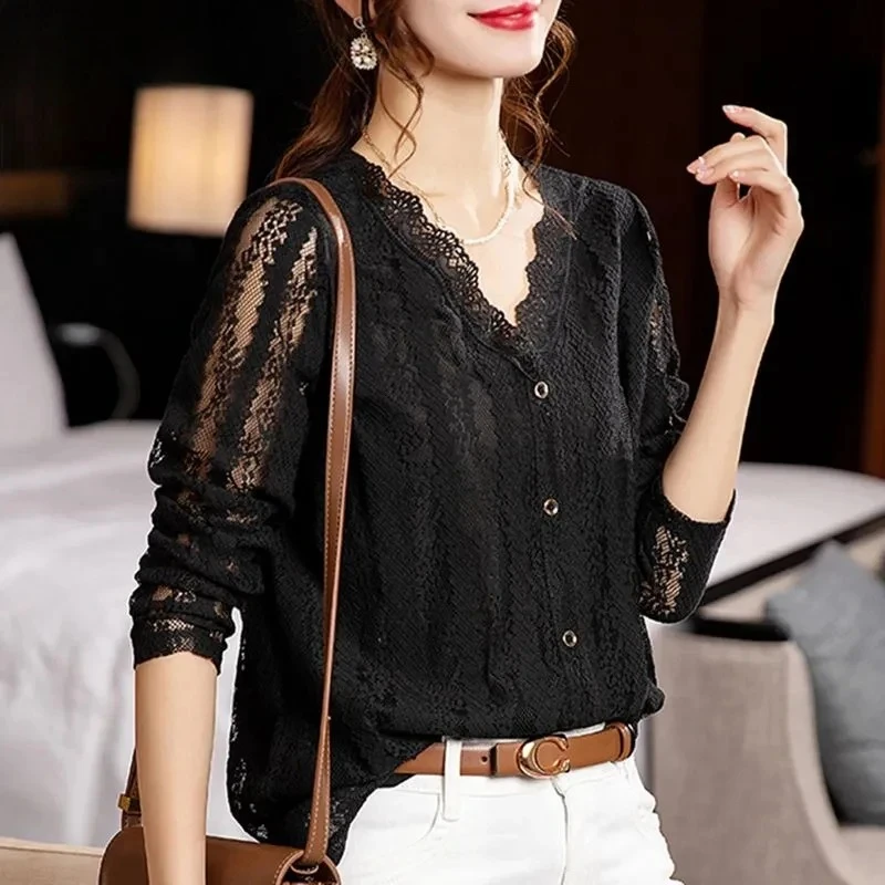 

Women Spring Korean Fashion Sexy Hollow Lace Elegant Blouses Casual V Neck Long Sleeve Black Tops Chic Loose Blusas Para Mujer