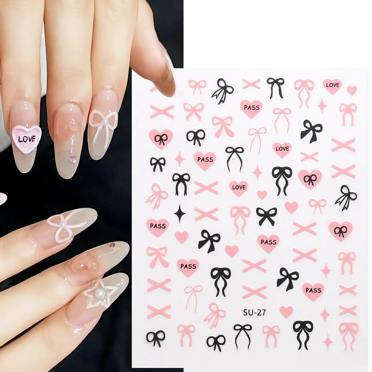 3D Nail Bow Decors Valentine Pink Bows Love Heart Nail Stickers Cute Bowknot Ribbons Nail Decals Bow-tie Manicure Supplies SU-27