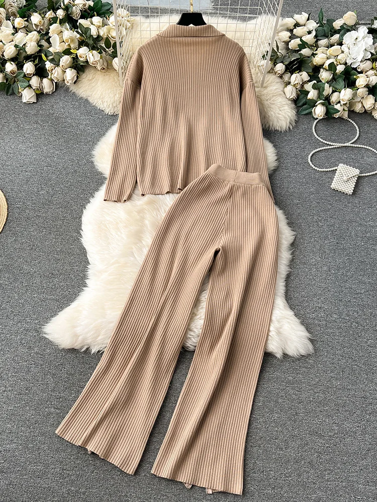 Croysier Casual Knit Two Piece Sets Womens Outfits Lapel Loose Pullover Sweater And Zipper Slit Hem High Waist Pants Co Ord Set