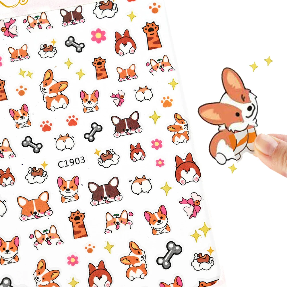 Lovely Dog Cat Animal Bunny 3D Korean Cartoon Scrawl Relief Self Adhesive Nail Art Stickers Cute Pretty Puppy Nail Slider #R%$Y2