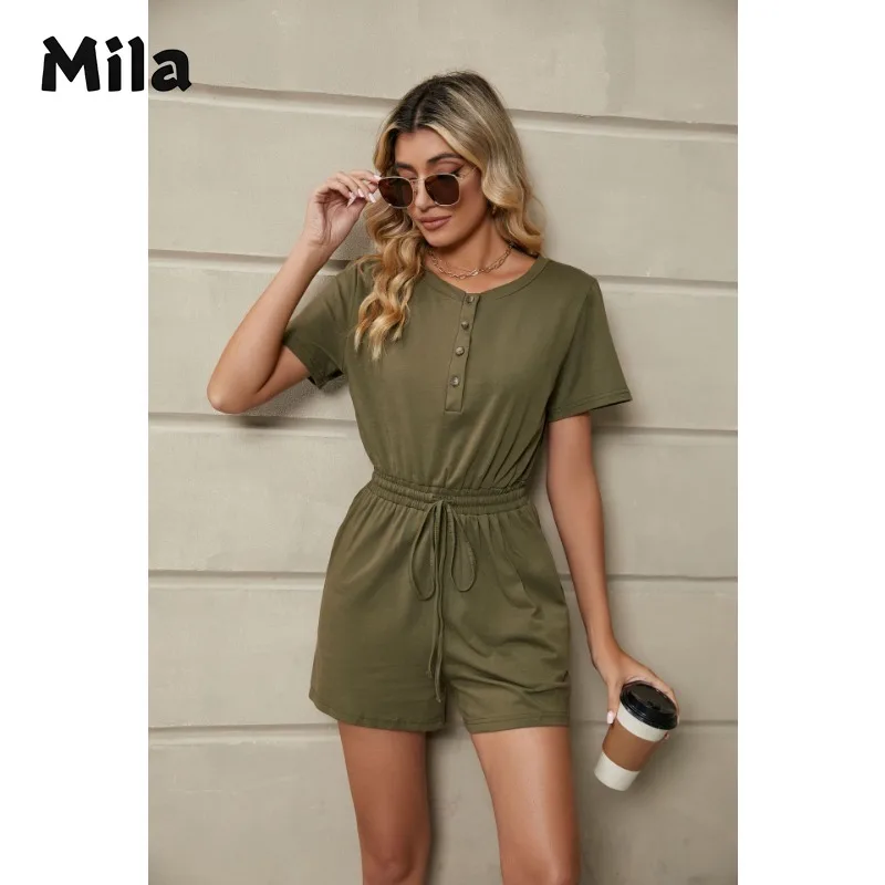 

Solid Color Loose Short Sleeve Button Jumpsuit Traf Bodysuit Women's Clothing Sales Rompers Woman Jumpsuits