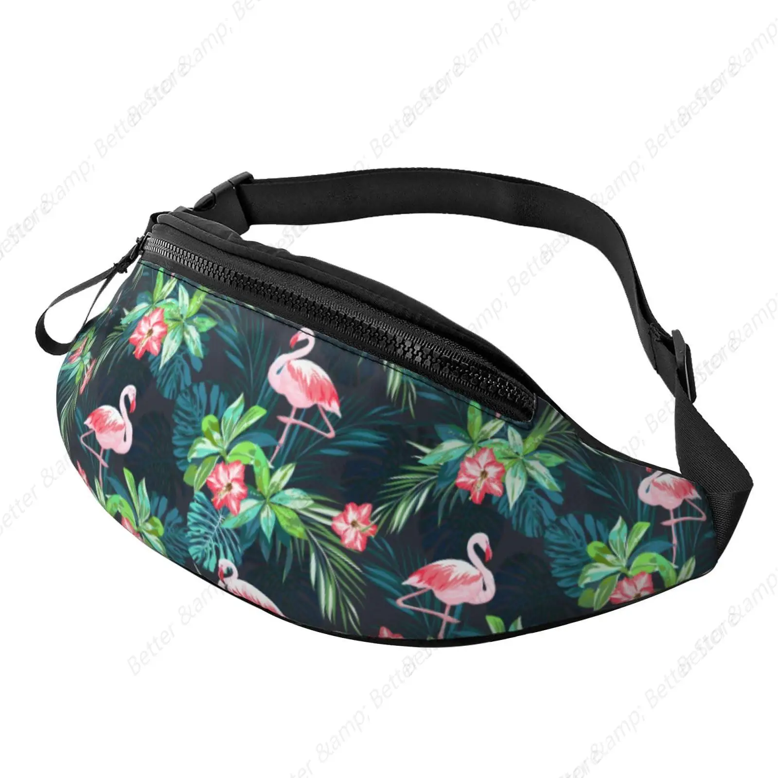 Riñonera informal con hojas de flamenco Tropical y flores para hombre y mujer, riñonera con cinturón ajustable para viajes y senderismo