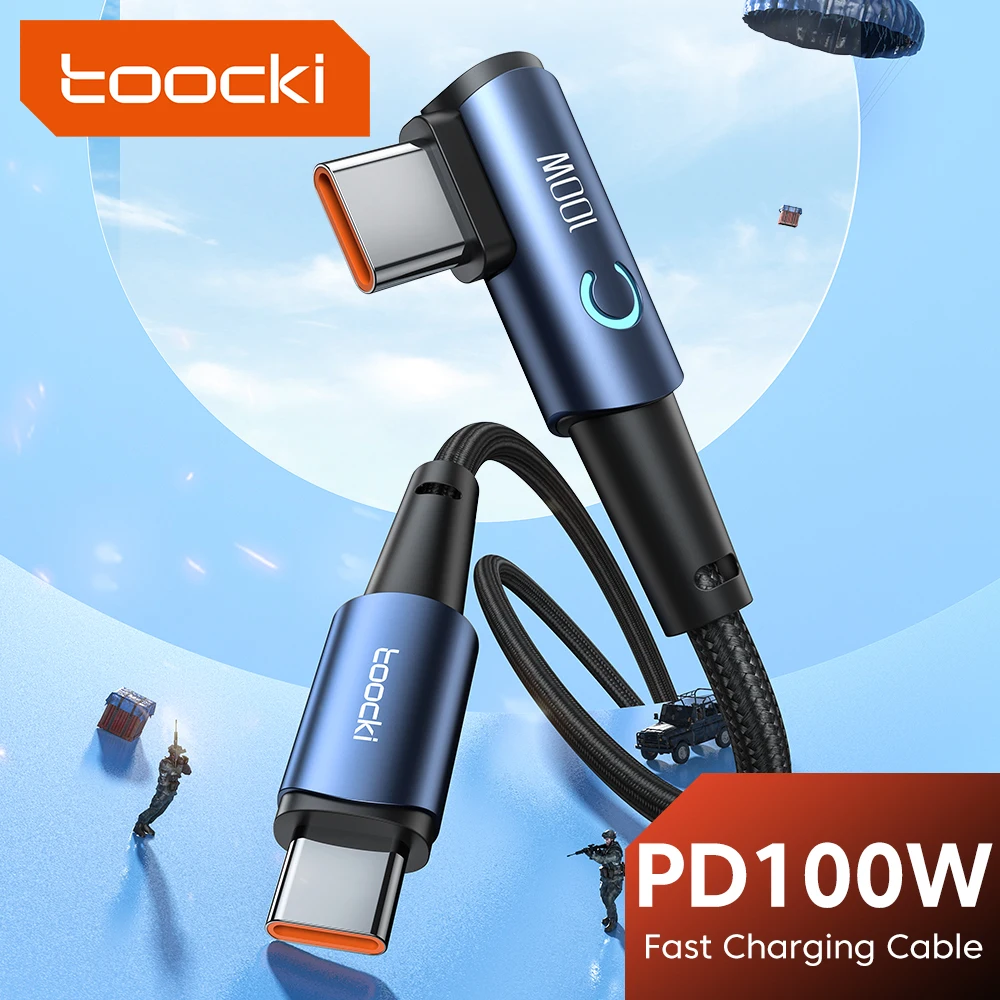 Cabo Toocki PD100w USB C para Tipo C Carregamento rápido Cotovelo de 90 graus Cabo de transmissão de dados de jogos para celular com luz indicadora para celulares Xiaomi iPhone 15 Oneplus Realme Huawei Samsung