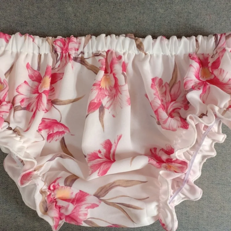 

Handmade Men's Sexy Double-layer Chiffon Underwear Plus Size Sissy Flower Print Ruched Triangle Briefs Smooth Delicate Panties