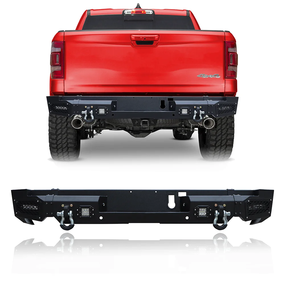 Black Rear Bumper Black With LED Lights & D-Rings for Dodge Ram 1500 2019-2021