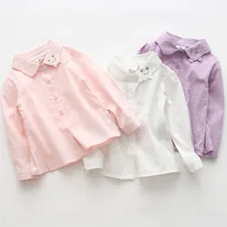 2024 Spring Autumn New 2 3 4 5 6 7 8 10 Years Cotton Solid Color Long Sleeve Cartoon Embroidery Blouses Shirt For Kids Baby Girl