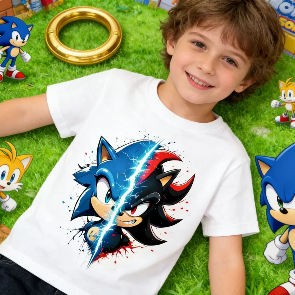 2026 Cartoon Jungen-T-Shirt mit Rundhalsausschnitt, bequem, kurzärmelig, Sonic The Hedgehog, Kinder-T-Shirt aus reiner Baumwolle, atmungsaktives Oberteil für Mädchen – Detail 6