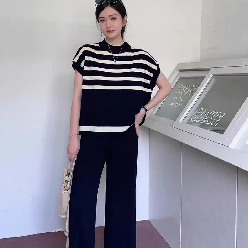 

Harajuku Summer High Street Simple High-Grade Fashion Niche Striped Knitted Waistcoat Fashion Casual Slim Wide Leg Pants Women