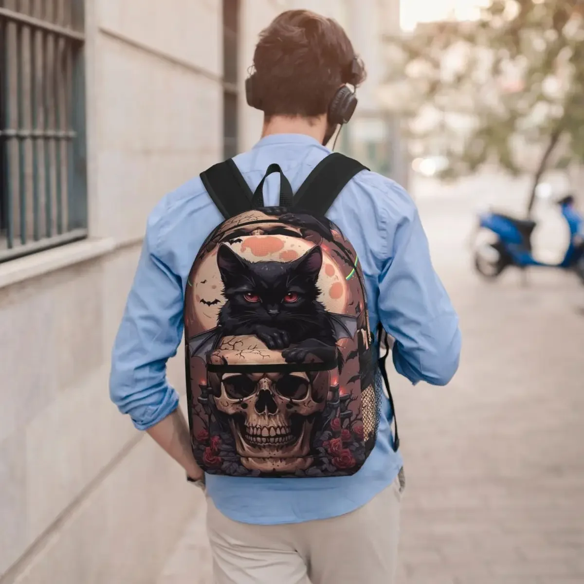 Gothic Black Cat And Bat Wing Witch Themed Student Backpack School Bag Hiking Travel Daypack for Unisex Bookbag Shoulder Bags