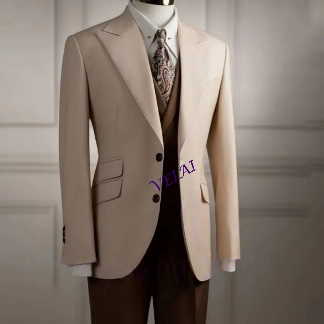 

CustomizedBeige Single Breasted Men's Suit Set Formal Jacket+Vest+Pants Classic Tuxedo for Wedding Groom Wear Elegant Prom Busin