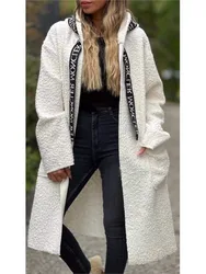 Women's Lambswool Hooded Coats Autumn Winter Pocket Zipper Longline Hoodie Daily Solid Casual Long Sleeve Cardigan Trench Coat