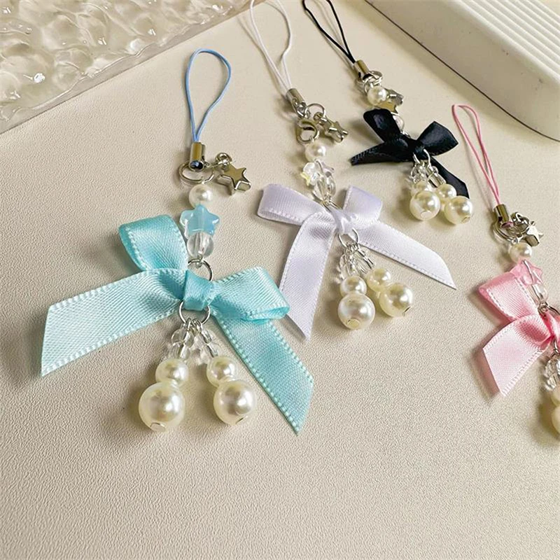 Cute Bow Pearl Mobile Phone Chain Y2K Sweet Girly Heart Phone Lanyard Headphone Case Charms Strap Bag Keychain Pendant Accessory