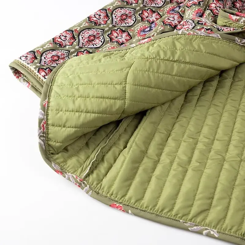 Winter Army Green Totem Print V-Ausschnitt Steppjacke Ethnische Damen Krawatte Schleife Schärpen Quilten Vollarm Mantel BOHO Midi Oberbekleidung