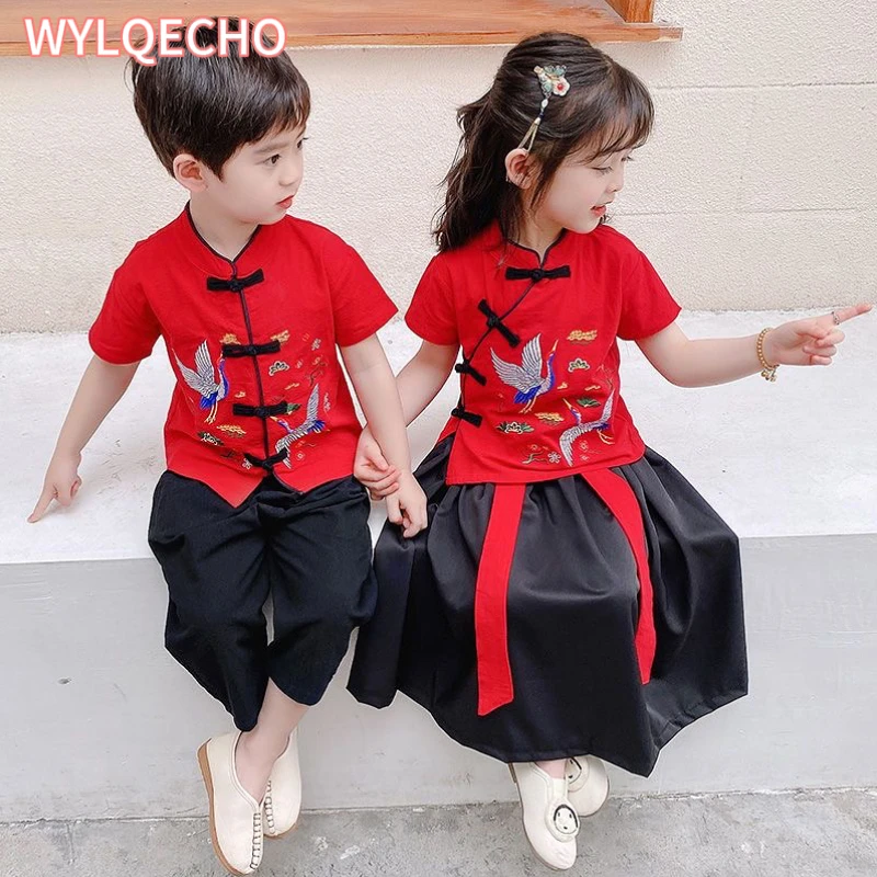 2Pcs Traditional Chinese New Year Costumes Clothes for Kids Spring Festival Tang Suit Girl Boy Sets Short Sleeve Top+Pants+Skirt