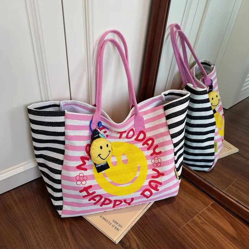 

Casual Striped Canvas Bag For Women Large Capacity Shoulder Bag Shopping Totes Korean Style College Bookbag Travel Beach Bags
