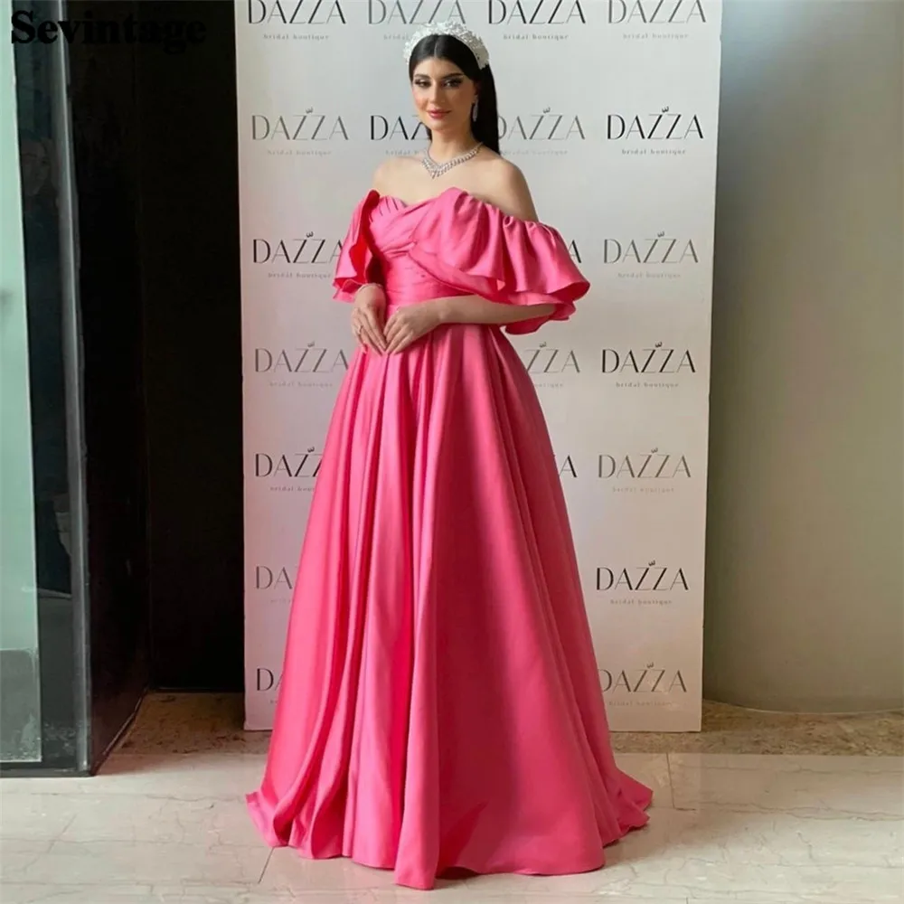 

Sevintage Elegant Baby Pink Arabia A-Line Prom Dress Off The Shoulder Ruffles Floor Length Simple Evening Dress فساتين الس 2024