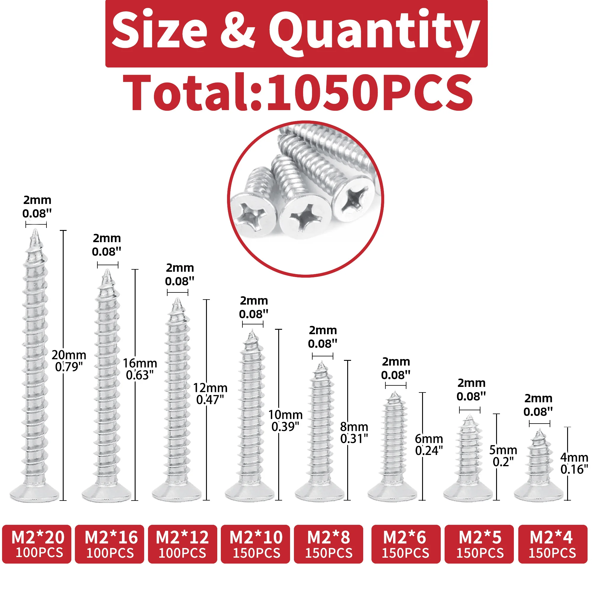 1050pcs Wood Screws Assortment Kit, Phillips Tips Wood Screws Set, Screws, Flat Head Assorted Screws M2 x 4/5/6/8/10/12/16/20 Ca