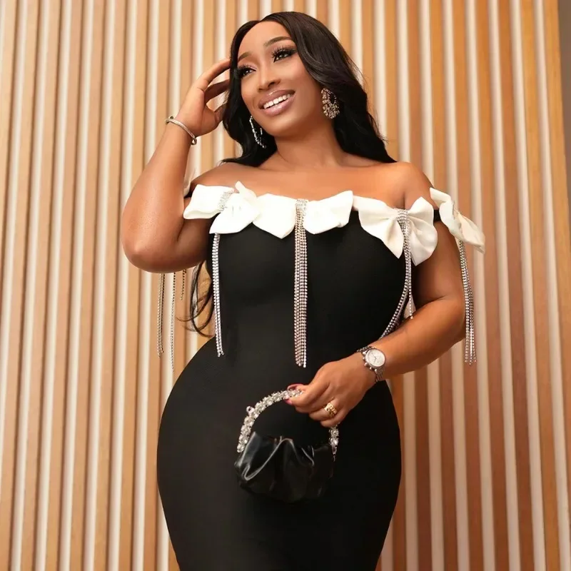 GUWU ฤดูใบไม้ร่วง Rhinestones พู่ Strapless Bow ผู้หญิงแขนกุดชุดยาววันเกิดชุดราตรีชุด Maxi