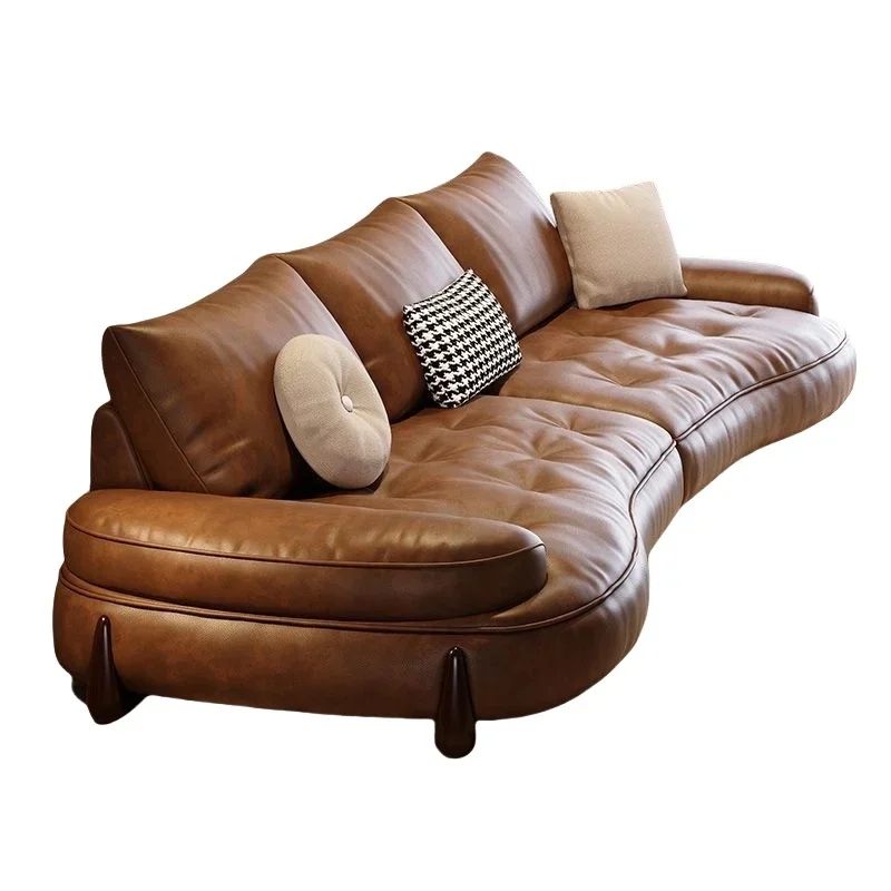 Retro small apartment straight row khaki brown leather sofa set lightweight luxury cowhide simple design