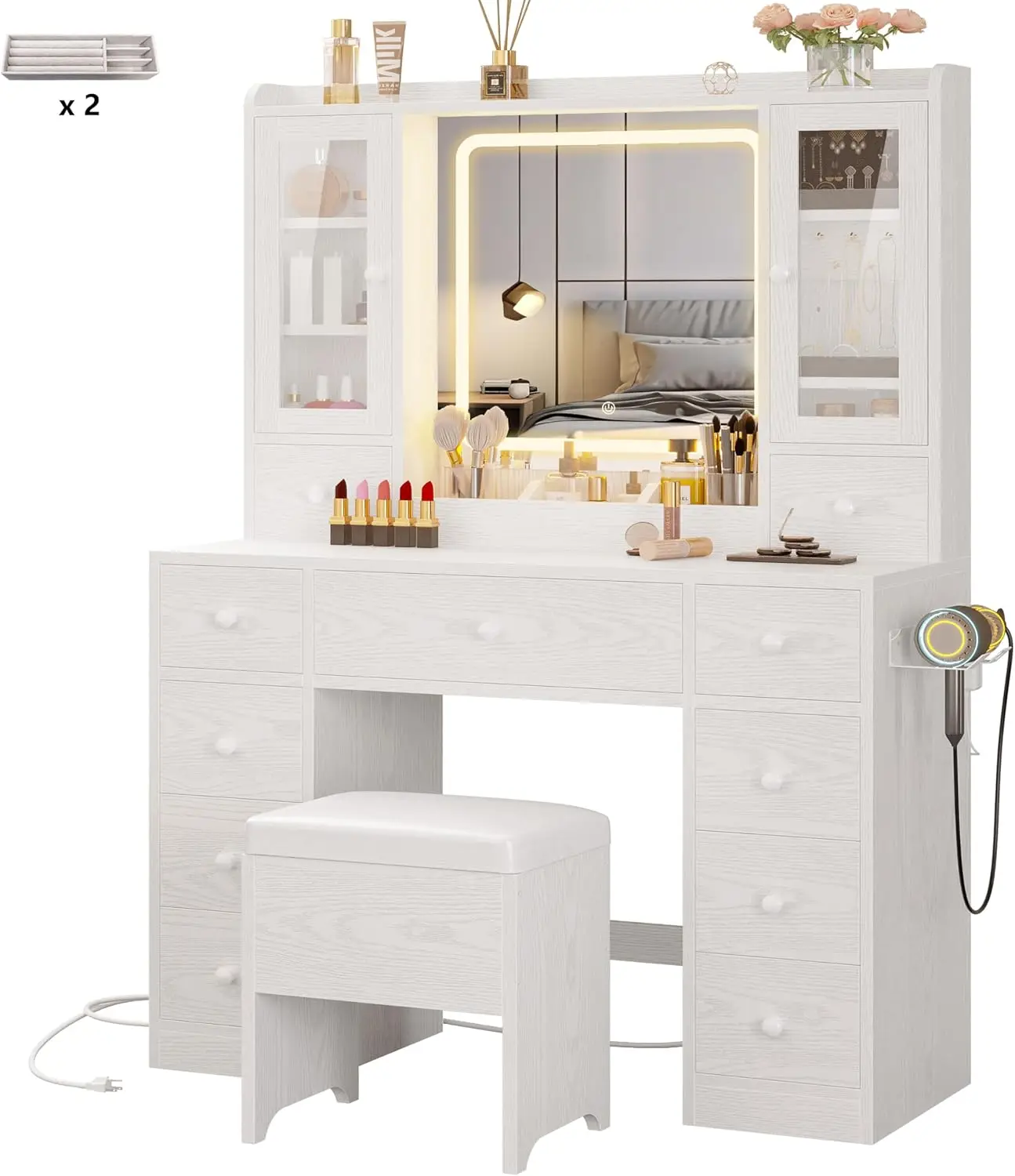 Ironck Vanity Desk With Led Lights Mirror And Charging Station, Makeup Vanity Table With Jewelry Armoire, Storage Bench, And 11