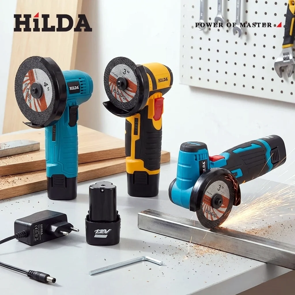 HILDA 12V 3/4 Inch Lithium Electric Angle Grinder Rechargeable Battery Brushless/Brushed Polishing Machine  Mini Cutting Machine