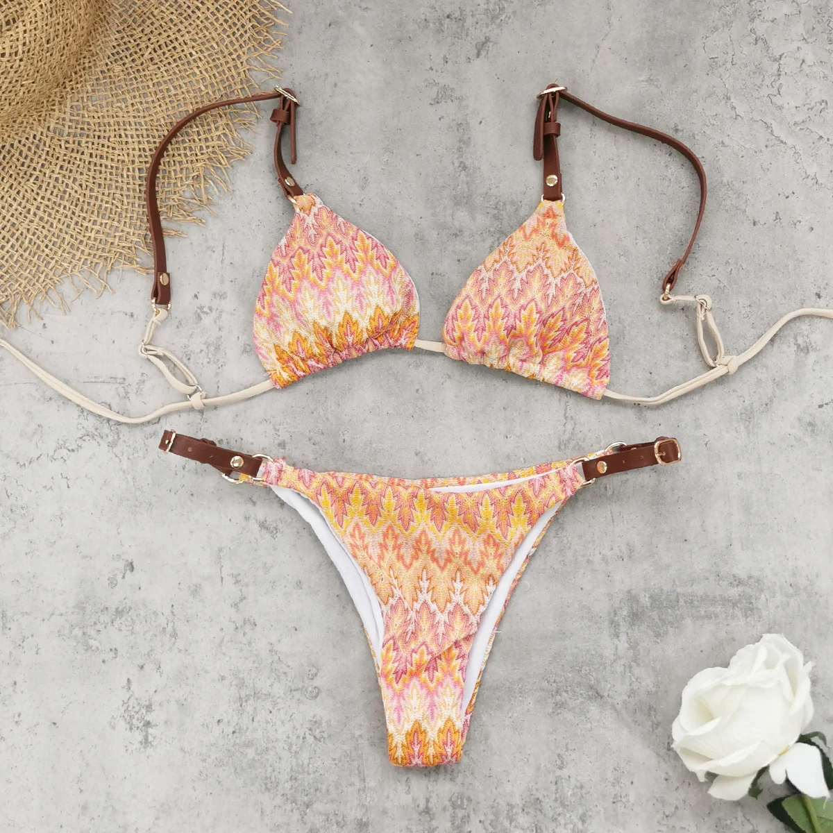 Elegant Leaf Printed Triangle Bikini Women Swimsuit Fashion Lady Adjustable Metal Buckle Biquini Swimwear Retro Mujer Beachwear