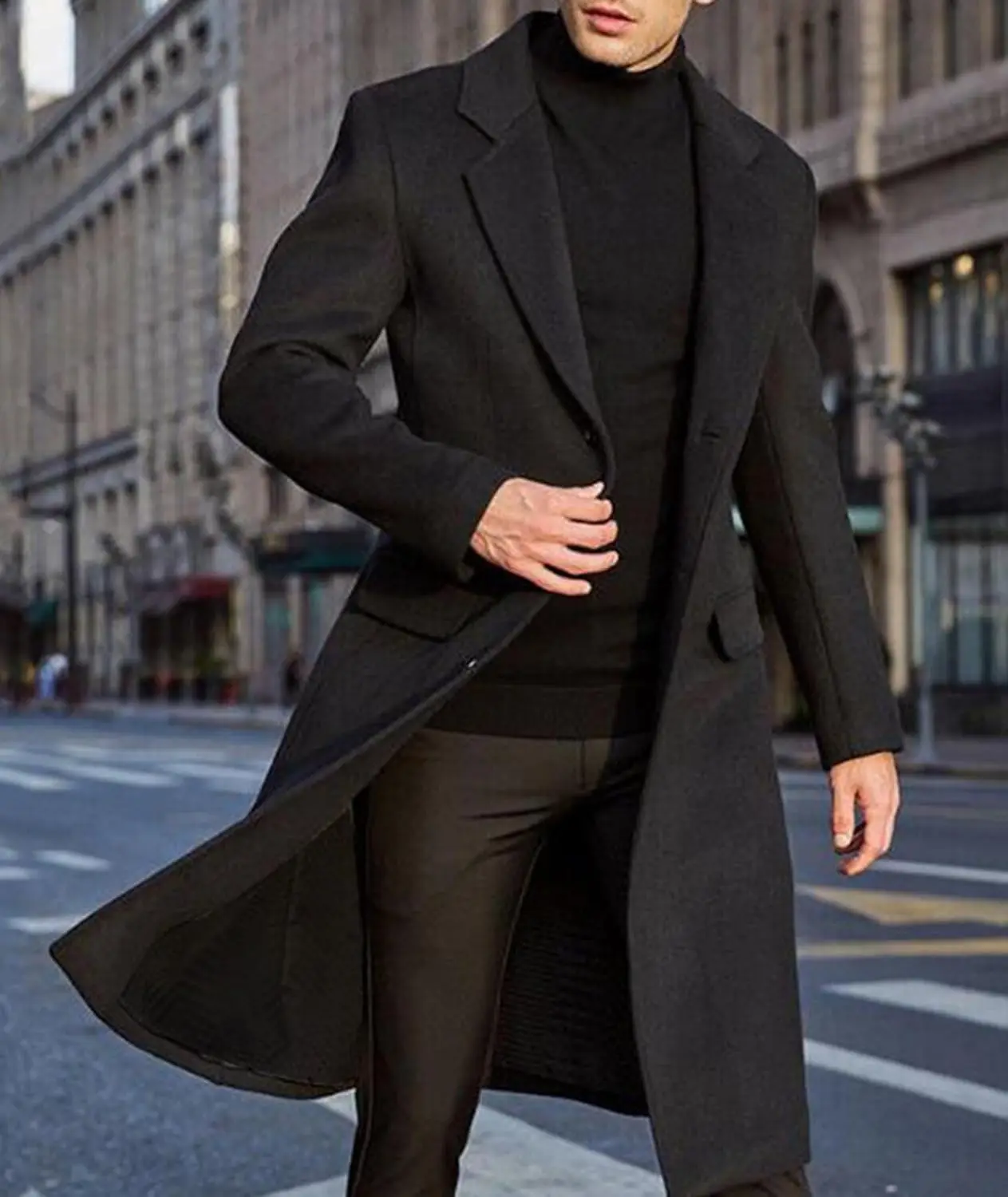 Men's Casual Trench Coat Slim Fit Notched Collar Long Overcoat Single Breasted Pea Coat Wih Pockets