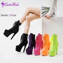 Faux Suede 17cm Pole Dance Shoes Stripper Heels Platform Women Ankle Booties Models Catwalk Lady Knight Boots Lace-up Zip