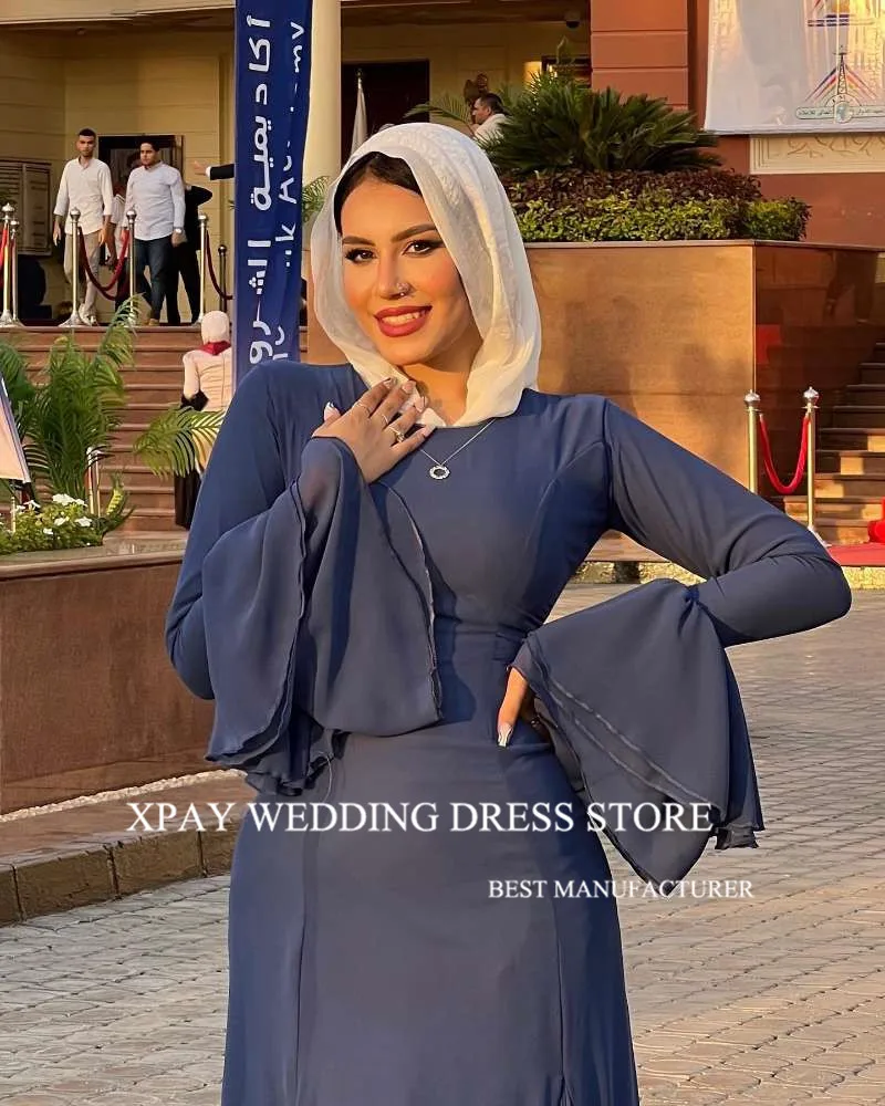 XPAY modesto semplice blu Navy Dubai arabo donne musulmane abiti da sera formali maniche lunghe o-collo alla caviglia abito da ballo in Chiffon