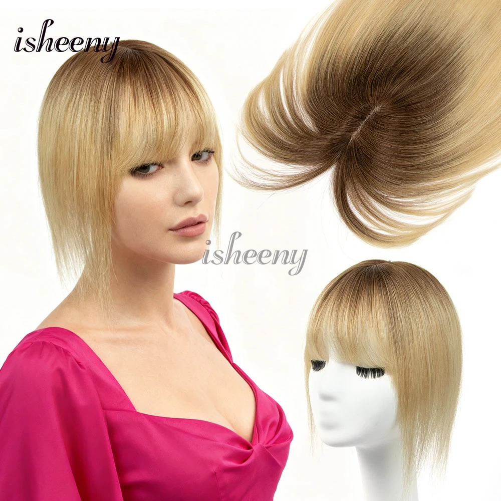 

Топпер из человеческих волос на небольшой основе, 5x9 см, 8–14 дюймов, натуральная прямая верхняя часть волос с челкой, темно-коричневый корень до медового блонда