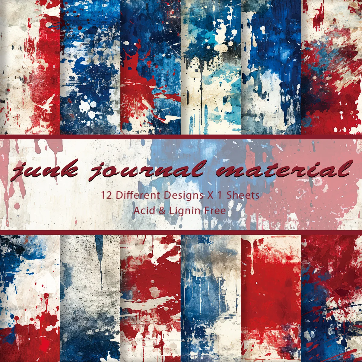 12pcs Patriotic Distressed Grunge Texture Scrapbook Paper For Journaling,Memorial Day,4 Of July Independence Day Decor Supplies