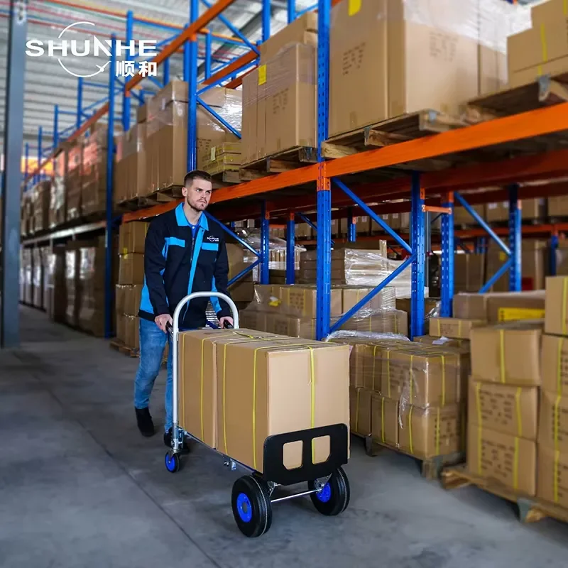 Heavy Duty Aluminum Warehouse Hand Cart & Trolley Cart With Two Pneumatic & Solid Wheels 550lbs