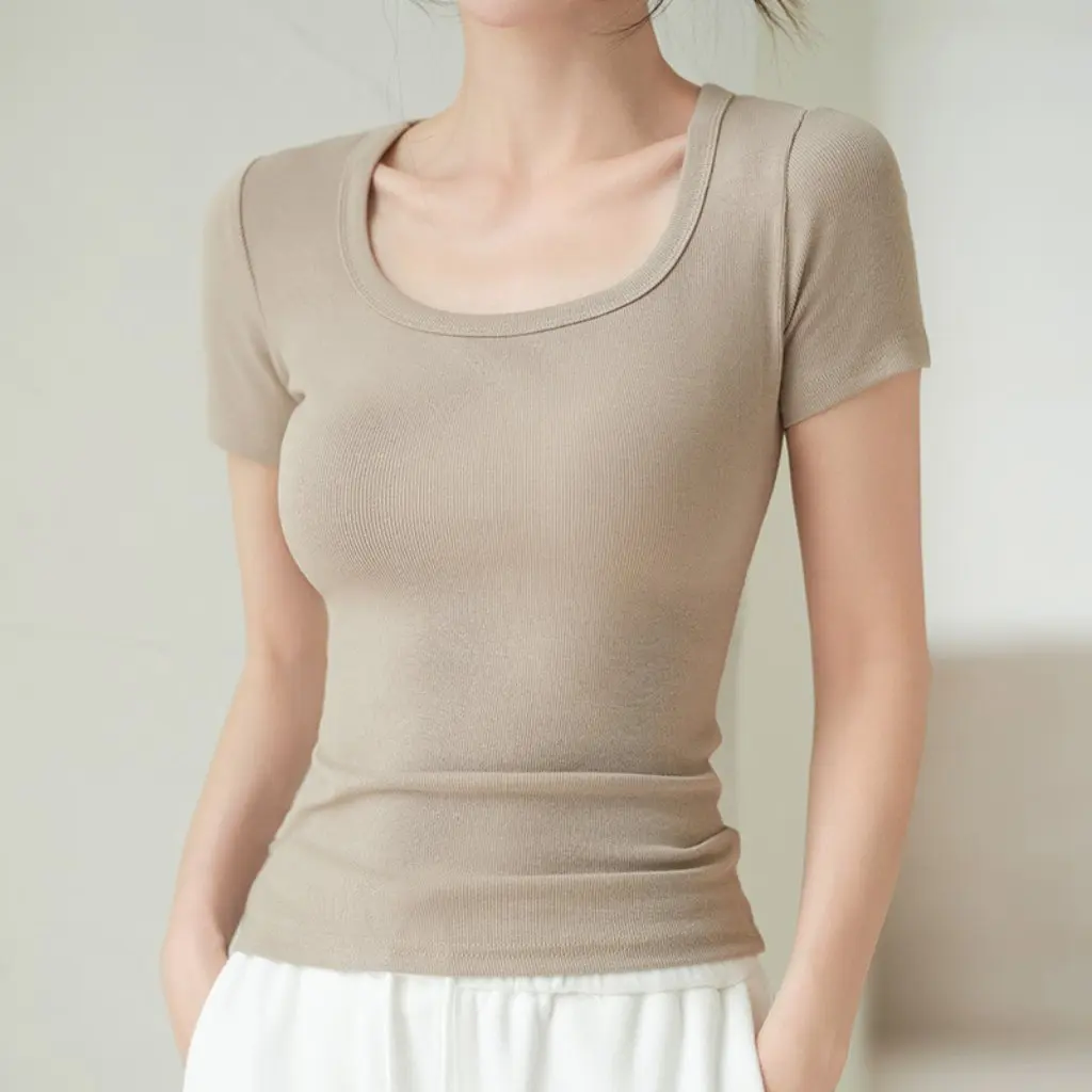 

Women's Black Threaded Square Collar T-shirt plus Size Summer Shoulder Base Top Belly Covering Slimming Chubty Girl
