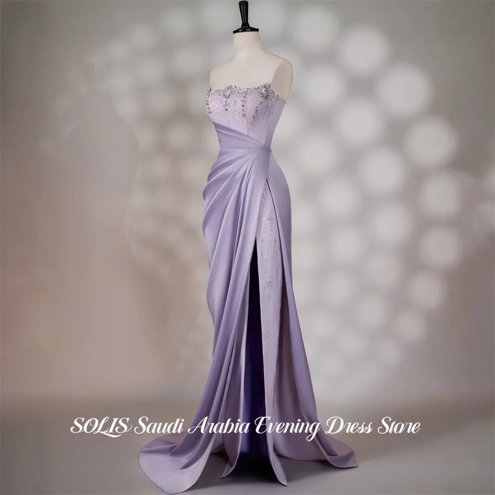 SOLIS Lilac Formal Gown Strapless Prom Dresses Beading On Chest Evening Dresses with High Split Modern Style Ruched Customized