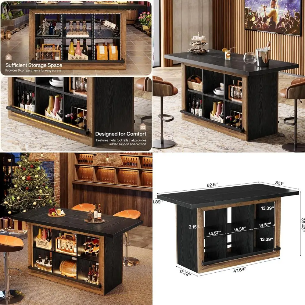 

Барный шкаф для дома с высотой столешницы, 6 отсеками для хранения, металлическими подставками для ног, 62,6 дюйма, коричневый и черный