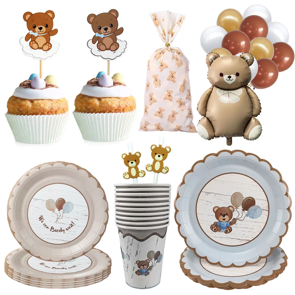 Bear Baby Shower Tableware We Can Bearly Wait Dessert Plates Cups Bear Balloon Boys Girl Gender Reveal Party Decoration Supplies