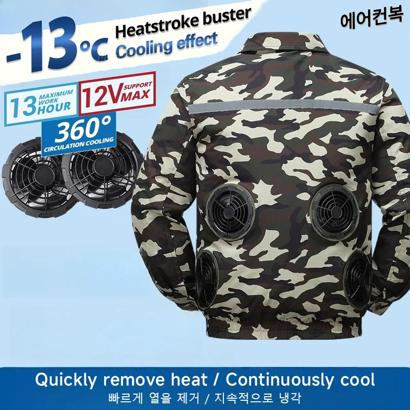 Men Cooling Fan Shirt Short Sleeve Air Conditioned Workwear Summer Heat Relief Outdoor Labor Safety Camouflage Work Jacket Coat