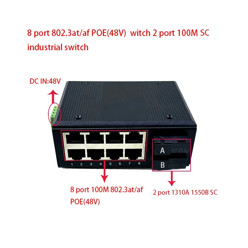 Commutateur industriel à protocole standard, 802 Tains/AT, 48V, POE OUT/48V, 100 mbps, 8 ports POE avec 2 ports 1310A 1550B SC