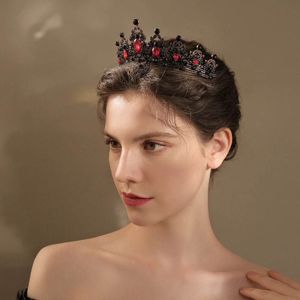 Halloween Vintage Prinzessin Königin Dunkle Krone Kopfbedeckung Kristall Tiara Für Frauen Rote Krone Haar Kleid Zubehör Schmuck – Detail 5