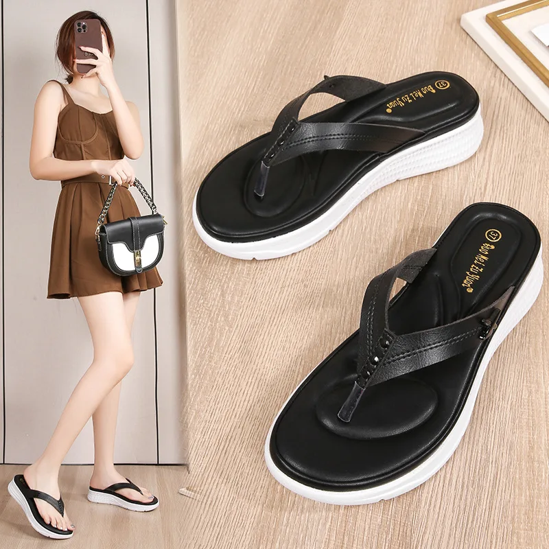 European Increase 3.5cm Fashion Women Flip Flops Non-Slip Thick Flat-Bottomed Slope The Beach With Fine Leather Ladies Slippers