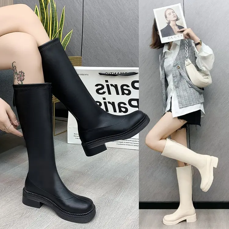 2023 Winter Fashion Women Thigh High Long Flat Boots Beige Low Heels Knee High Boots Soft Leather Square Toe Boots Party Shoes